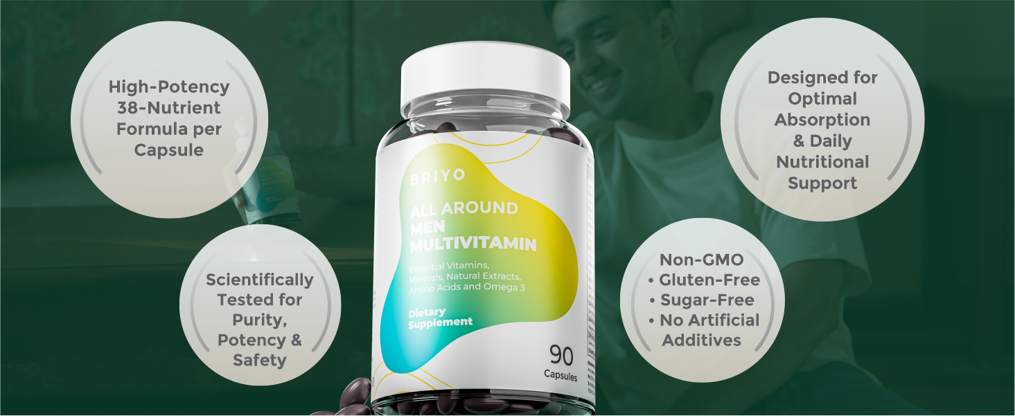 Briyo Men’s Multivitamin All Around Men Multivitamin- 38 nutrients in 1 conveniently sized capsule (Vitamins, Minerals, Natural extracts, Amino acids & more) Overall Health and Immune Support