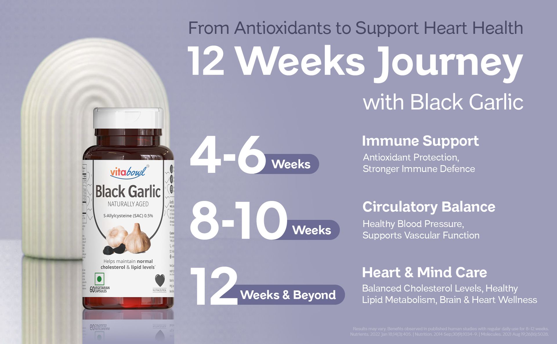 Vitabowl's 100% Natural & Organic Black Garlic Capsules | Made with 100% Cloves | 120 Days Naturally Aged & Fermented | Manages Cholesterol Levels & Lipid Profiles (60 Count (Pack of 1))