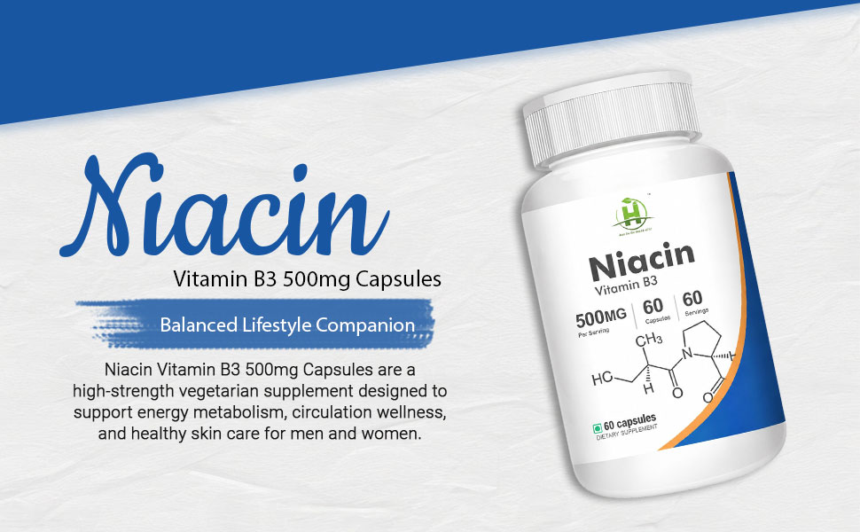 Healthy Nutrition Niacin Vitamin B3 500mg Capsules – Supports Energy Metabolism, Circulation & Skin Health – High Strength Niacin Supplement – 60 Vegetarian Capsules (Pack of 1)