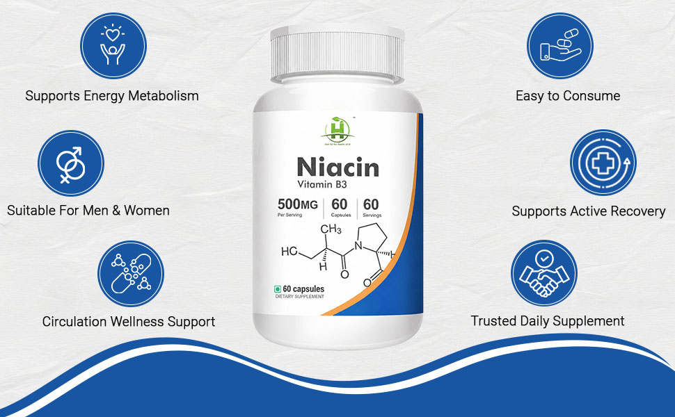Healthy Nutrition Niacin Vitamin B3 500mg Capsules – Supports Energy Metabolism, Circulation & Skin Health – High Strength Niacin Supplement – 60 Vegetarian Capsules (Pack of 1)