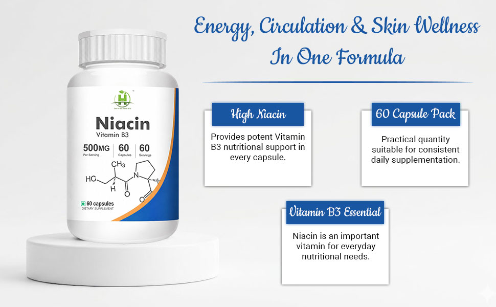 Healthy Nutrition Niacin Vitamin B3 500mg Capsules – Supports Energy Metabolism, Circulation & Skin Health – High Strength Niacin Supplement – 60 Vegetarian Capsules (Pack of 1)