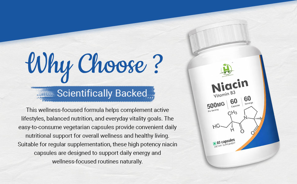 Healthy Nutrition Niacin Vitamin B3 500mg Capsules – Supports Energy Metabolism, Circulation & Skin Health – High Strength Niacin Supplement – 60 Vegetarian Capsules (Pack of 1)