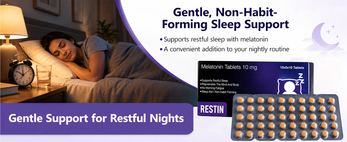 RESTIN SLEEPING MELATONIN TABLETS 10 MG FOR MEN AND WOMEN | Deep Sleep Oral Dissolving Mini Mints Effervescent Supporting Restful Sleep | (10 x 5 Tablets) 50 PC