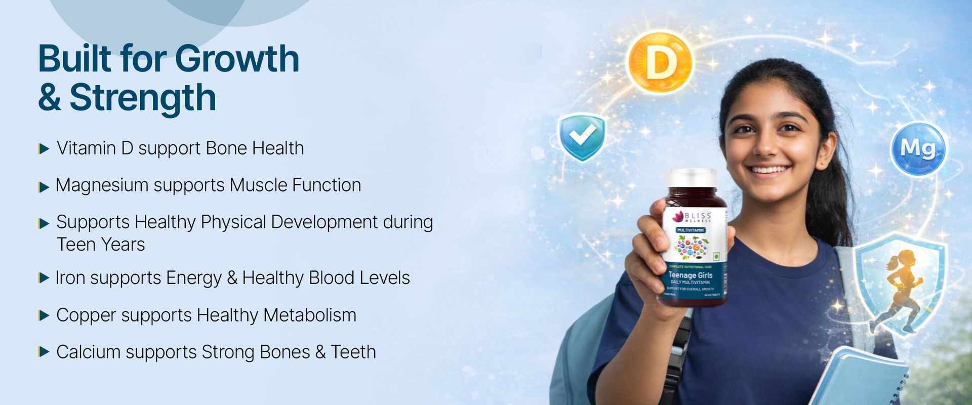 Bliss Welness Teenage Girl Multivitamin With Vitamin, Minerals, Calcium Magnesium Zinc, Aloe Vera Extract, Bamboo and Grapeseed Extract For Immunity, Hair Skin Nails, Bone & Joint Health - 60 Tablets