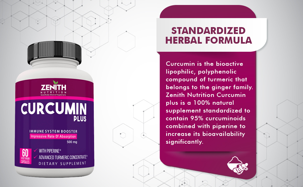 Zenith Nutrition Curcumin Plus with Piperine 500 mg - 60 Veg Capsules | Immunity Support I Supports Joint Health & Flexibility | Anti-Inflammatory Support