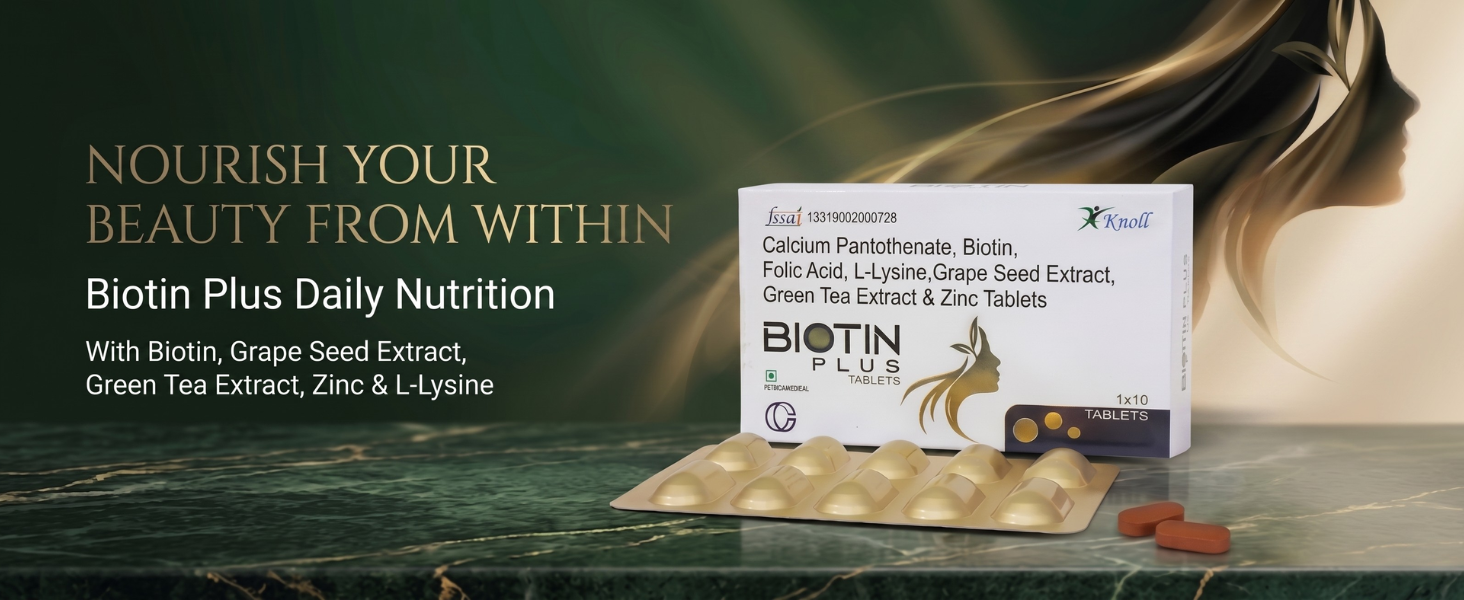 Knoll Healthcare Biotin Plus Tablets with Grape Seed Extract, Green Tea Extract, Zinc & L-Lysine | Supports Hair, Skin & Nail Health | Antioxidant & Nutritional Supplement (3x10 Capsules)