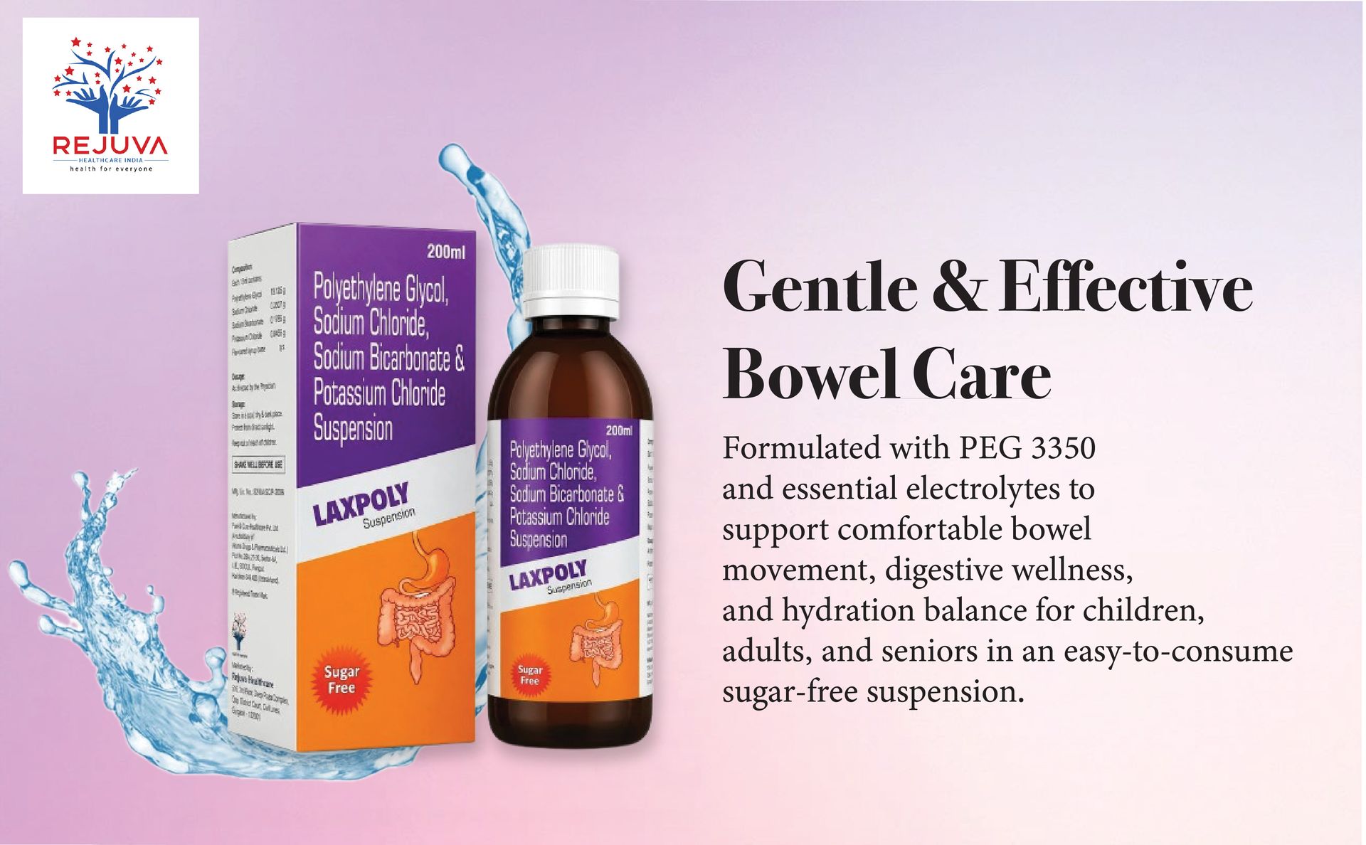 PEG 3350 Suspension 200 ml Sugar Free For Kids, Men, Women and Elderly | Polyethylene Glycol, Sodium Chloride, Sodium Bicarbonate & Potassium Chloride | Gentle Bowel Movement & Gut Wellness Support | Electrolyte Balance Formula