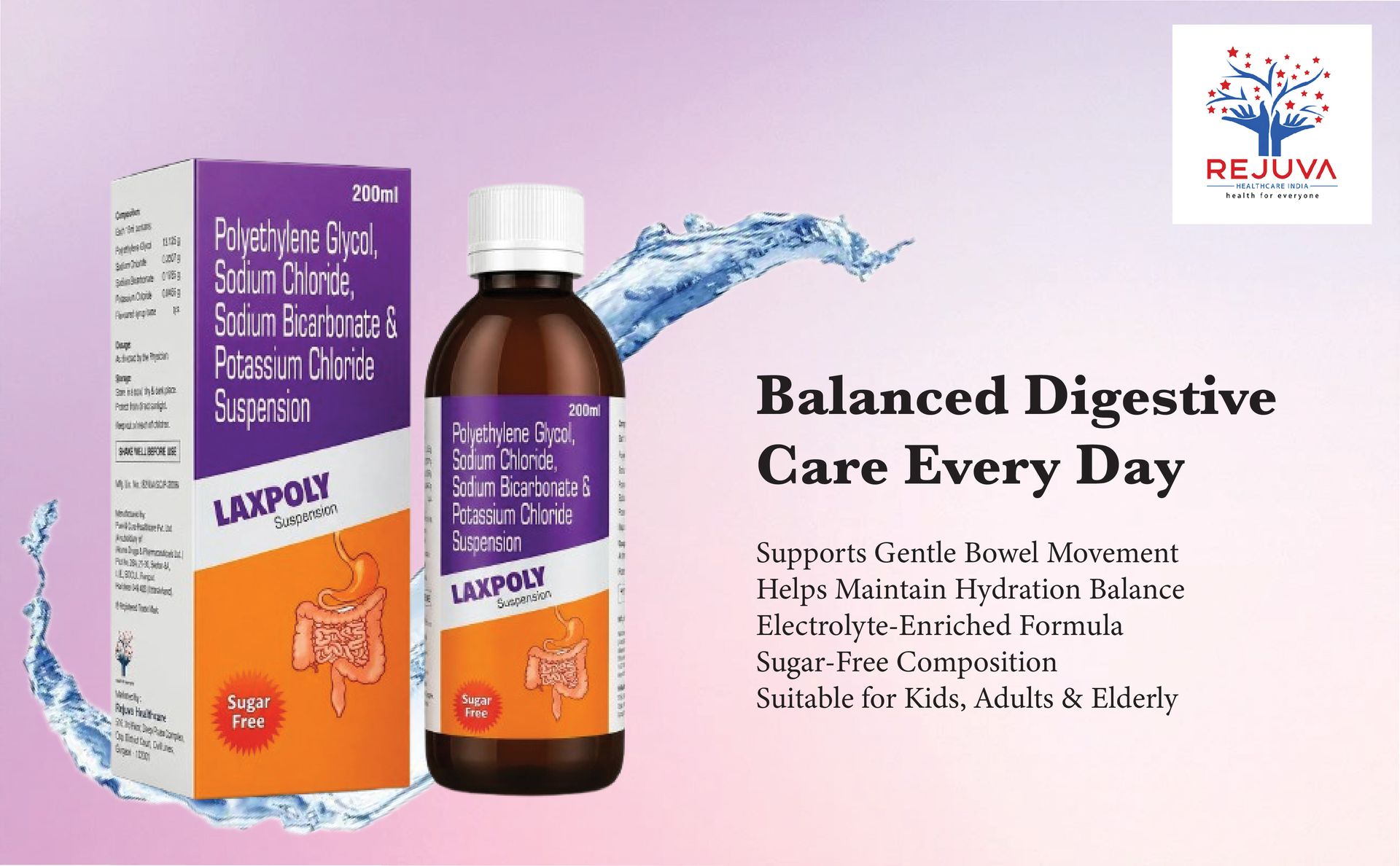PEG 3350 Suspension 200 ml Sugar Free For Kids, Men, Women and Elderly | Polyethylene Glycol, Sodium Chloride, Sodium Bicarbonate & Potassium Chloride | Gentle Bowel Movement & Gut Wellness Support | Electrolyte Balance Formula