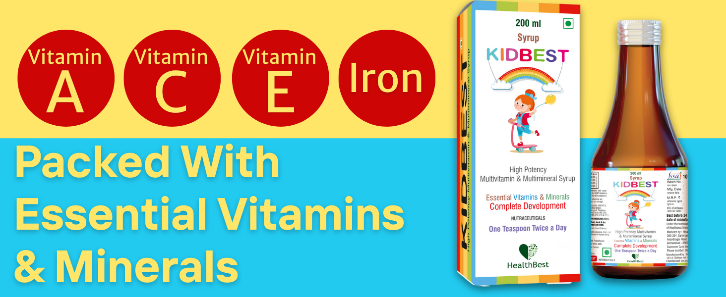 Healthbest Multivitamin Syrup For Kids - 200ml, 11 Essential Minerals, Supports Brain Development, Growth, Immunity, Boosts Energy, Vitamins A B C D E