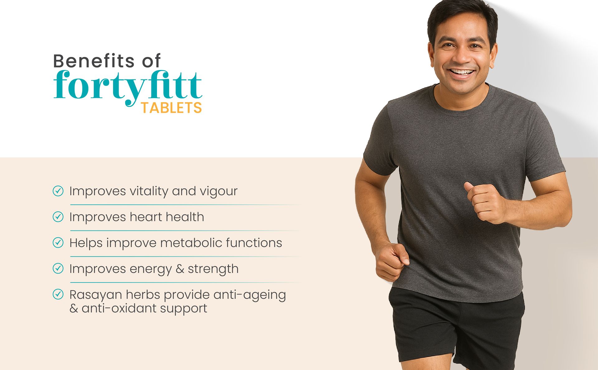 Vedistry Fortyfitt Tablets with Ashwagandha, Amalaki, Arjuna, Brahmi, Guduchi & Gokshur | Ayurvedic Support Boosts Energy, Stamina, and Immunity for Men Above 40 Years | Supports Hormonal Balance, Stress Relief, Heart Health & Metabolism – 60 Tabs - (Pack of 1)