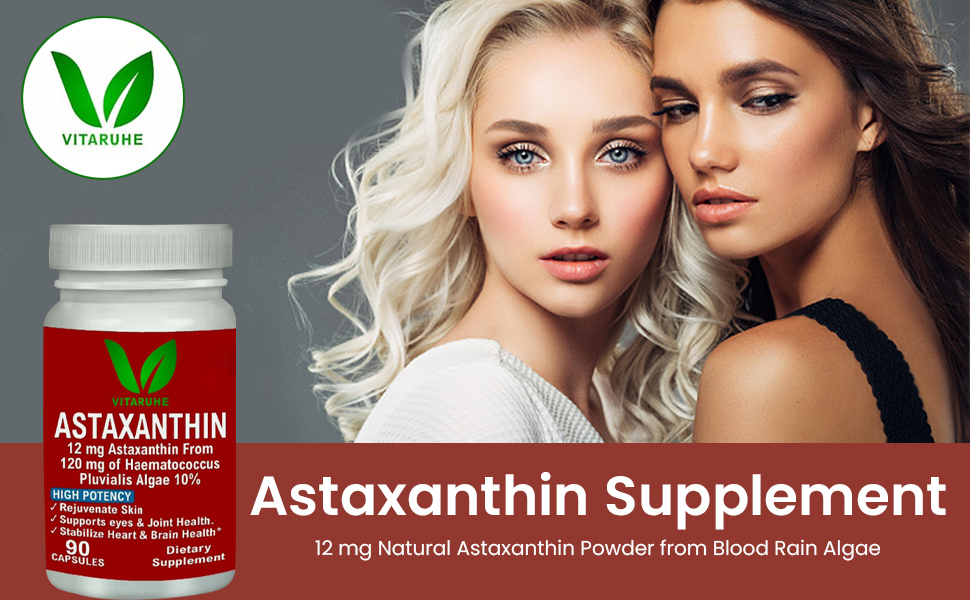 VITARUHE® Astaxanthin Supplement High Dose & Vegan, 12 mg Natural Astaxanthin Powder from Blood Rain Algae, 90 Capsules for 3 Months, No Additives