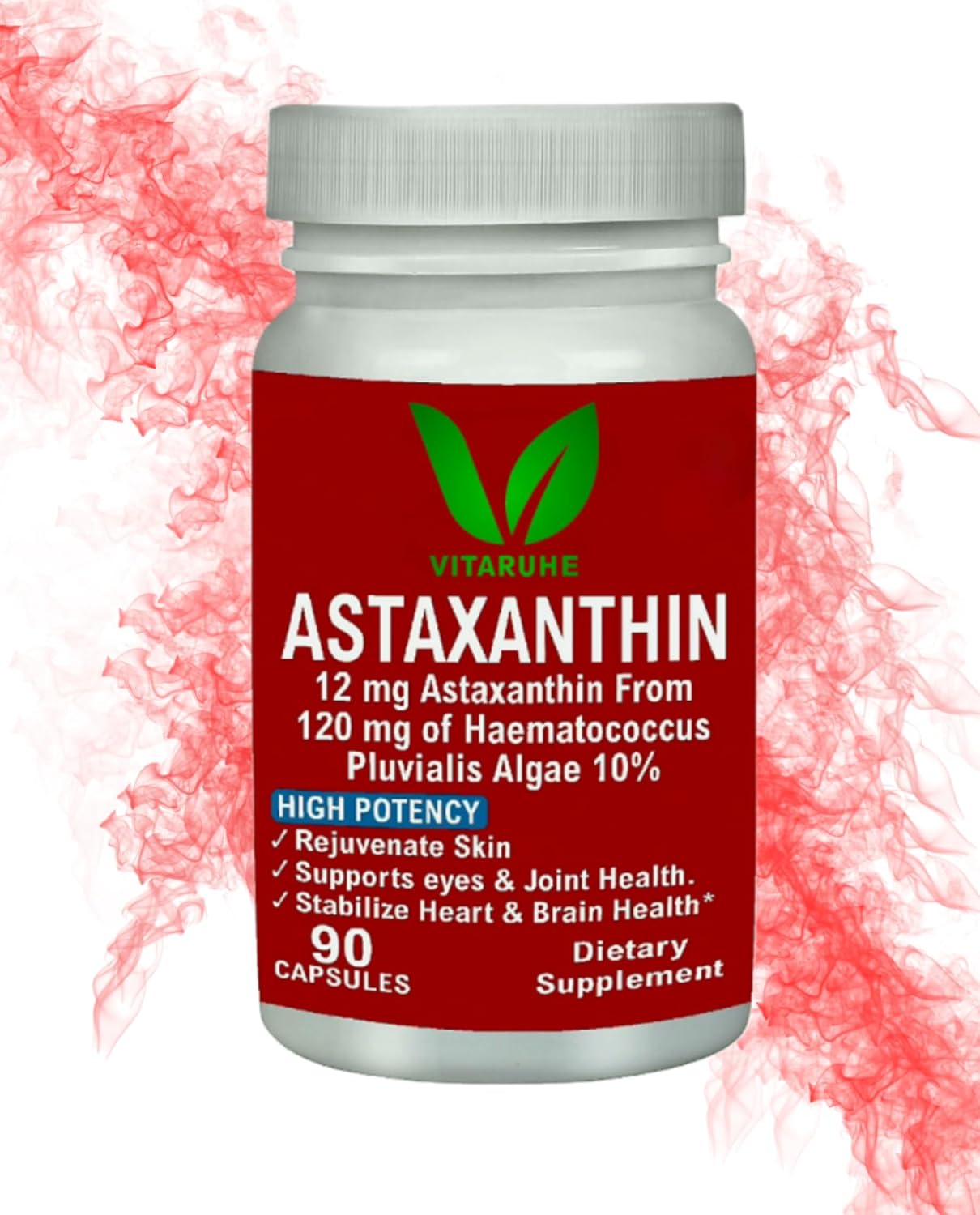 VITARUHE® Astaxanthin Supplement High Dose & Vegan, 12 mg Natural Astaxanthin Powder from Blood Rain Algae, 90 Capsules for 3 Months, No Additives
