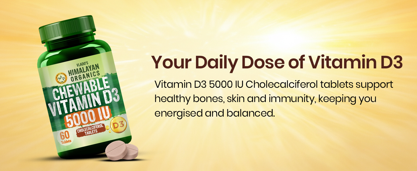 Vlado's Himalayan Organics Vitamin D3 5000IU - Chewable Vitamin D Tablets | Cholecalciferol Vitamin D3 Supplement for Bone & Immunity | For Men And Women | Orange Flavour - 60 Tablets