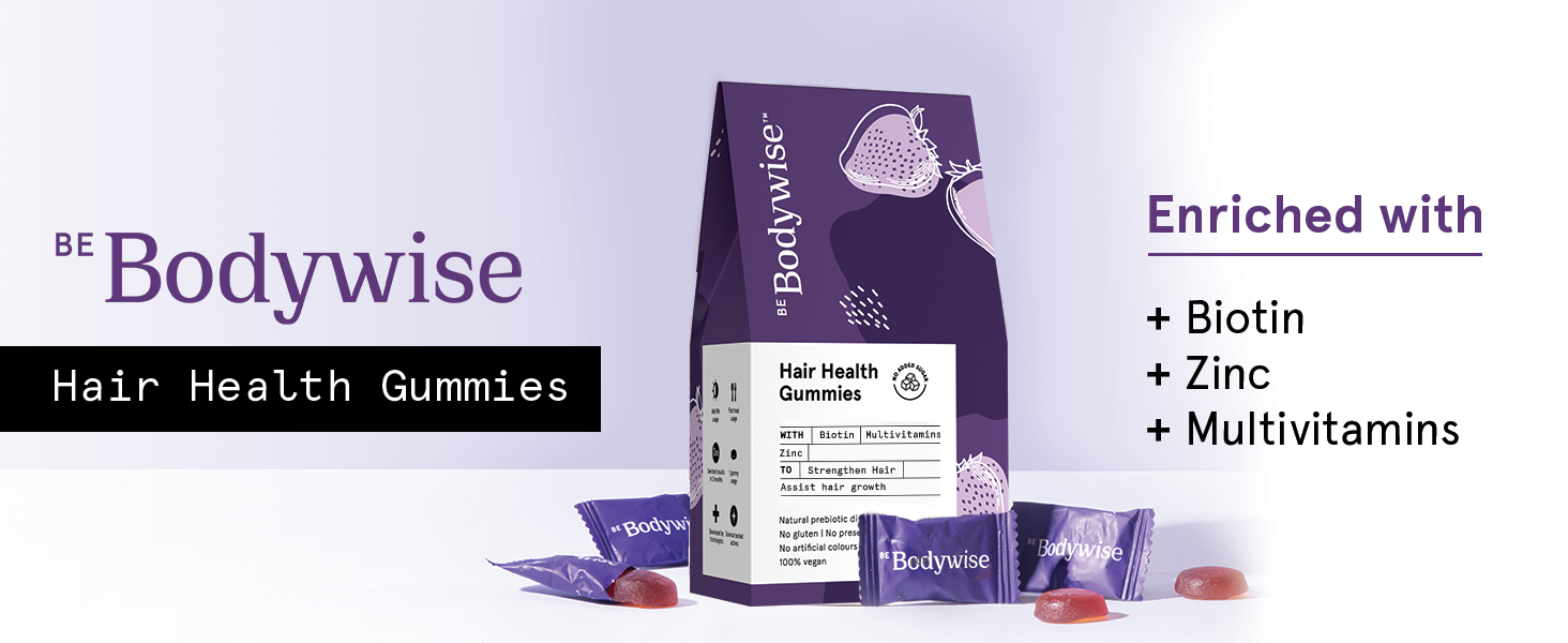 Be Bodywise Biotin Hair Gummies For Stronger, Shinier Hair & Nails | 90 Day Pack | High Potency Biotin, Zinc, Folic Acid, Fibre & Multivitamin | Strawberry Flavour | No Added Sugar, Gut Friendly