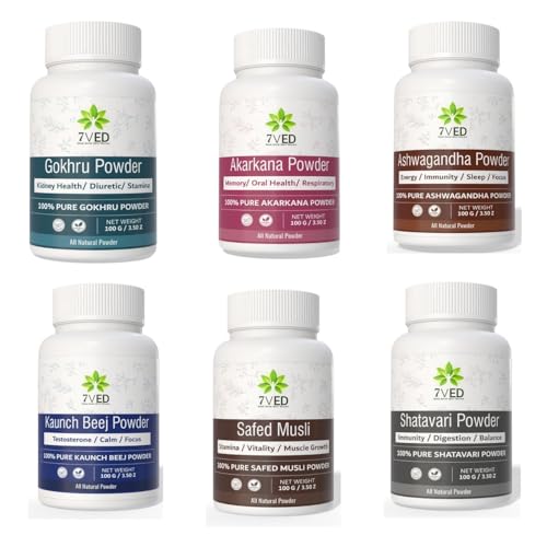 Herbal Combo Pack with Ashwagandha, Shatavari, Safed Musli, Kaunch Beej, Gokhru & Akarkara Powder – 6 x 100g Pure Ayurvedic Herbal Powder for Daily Wellness, Strength, Stamina & Vitality Support