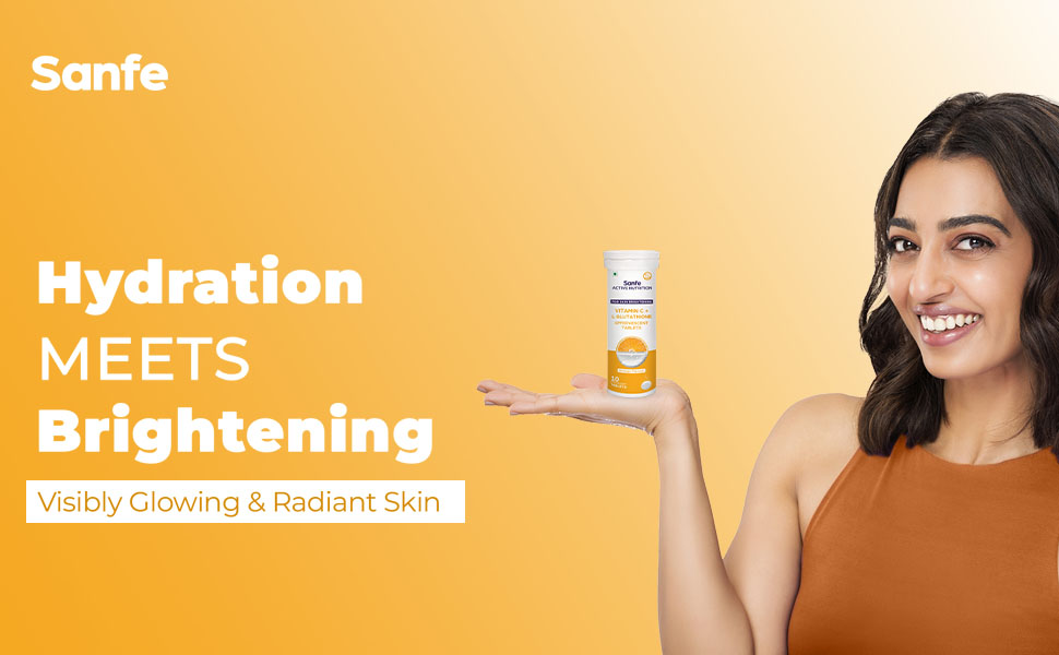 Sanfe Effervescent Tablets - Vitamin C + L Glutathione | Active Nutrition For Skin Brightening | Clear & Glowing Skin | 10 Tablets