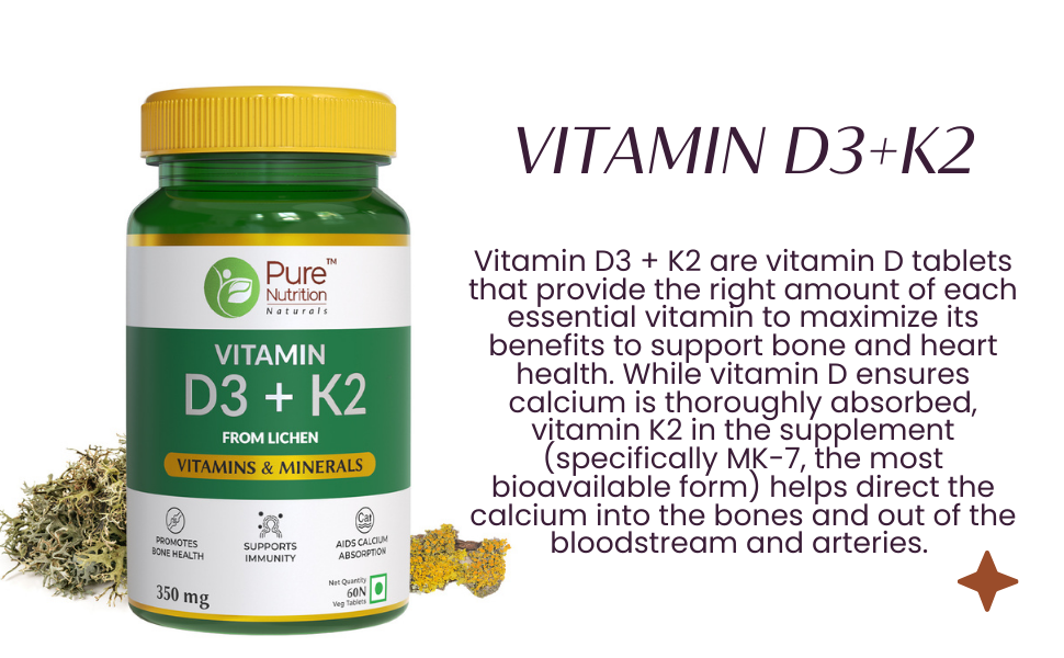 Pure Nutrition Vitamin D3 K2 (60 Tablets) | Vitamin D Supplement with Mk7 For Strong Bones, Immunity, Joint & Heart Health | Vitamin d3 from Lichen | Vitamin D tablets