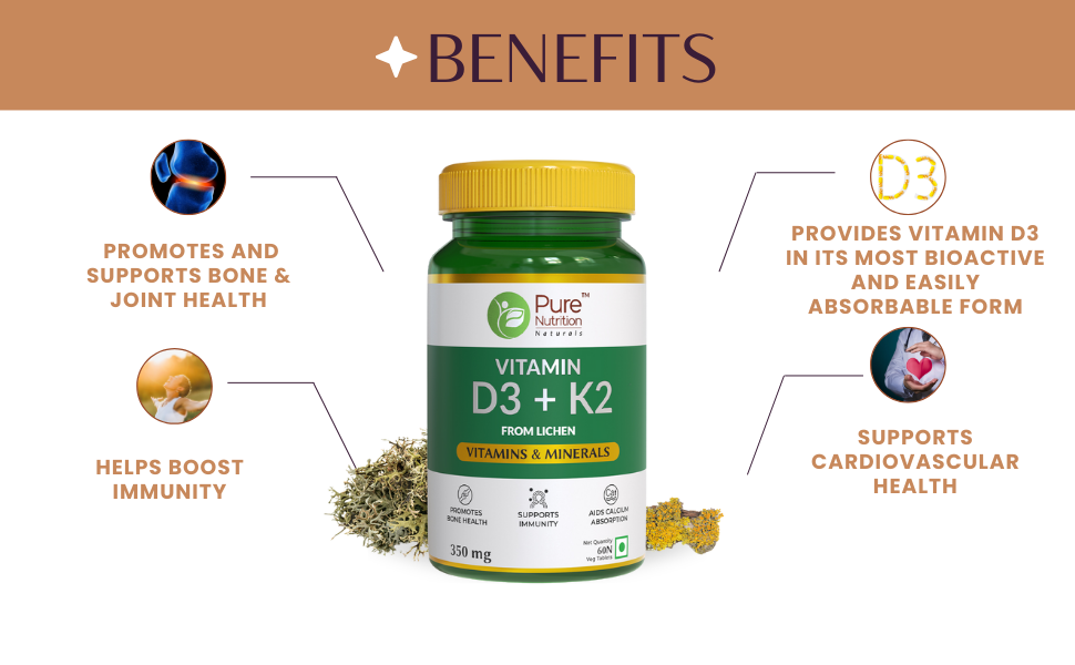 Pure Nutrition Vitamin D3 K2 (60 Tablets) | Vitamin D Supplement with Mk7 For Strong Bones, Immunity, Joint & Heart Health | Vitamin d3 from Lichen | Vitamin D tablets