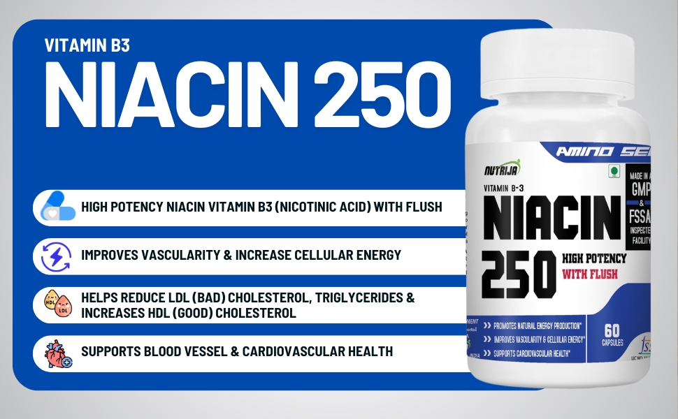 NutriJa Niacin 250 Vitamin B3 (Nicotinic Acid) with Flush | for Vascularity & Increase Cellular Energy- 60 Capsules