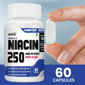 NutriJa Niacin 250 Vitamin B3 (Nicotinic Acid) with Flush | for Vascularity & Increase Cellular Energy- 60 Capsules