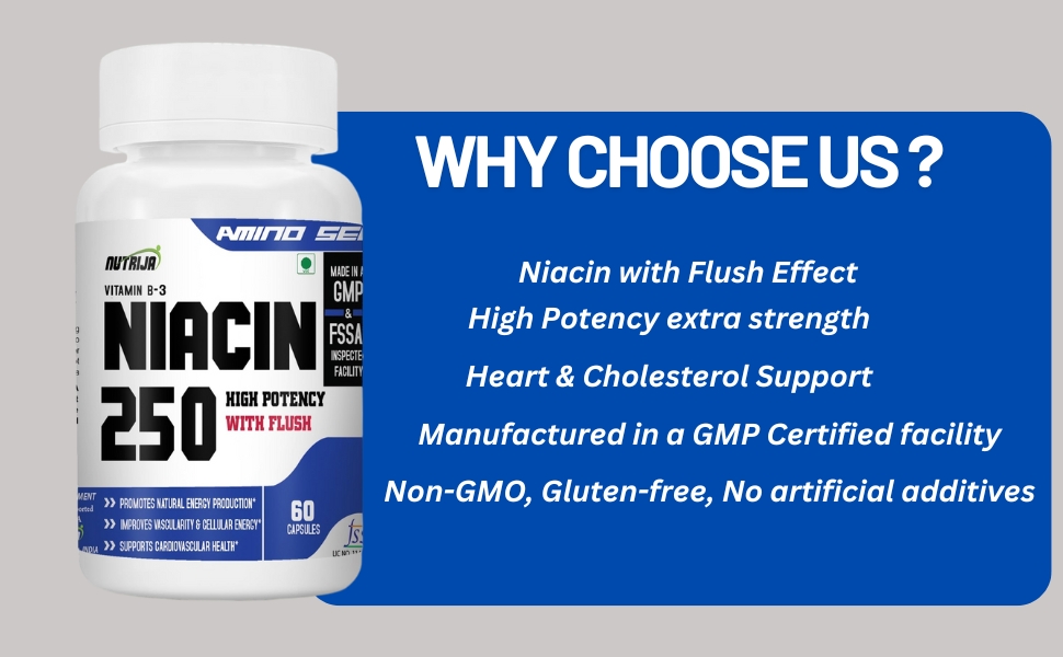 NutriJa Niacin 250 Vitamin B3 (Nicotinic Acid) with Flush | for Vascularity & Increase Cellular Energy- 60 Capsules