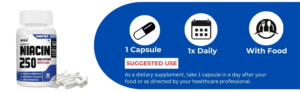 NutriJa Niacin 250 Vitamin B3 (Nicotinic Acid) with Flush | for Vascularity & Increase Cellular Energy- 60 Capsules