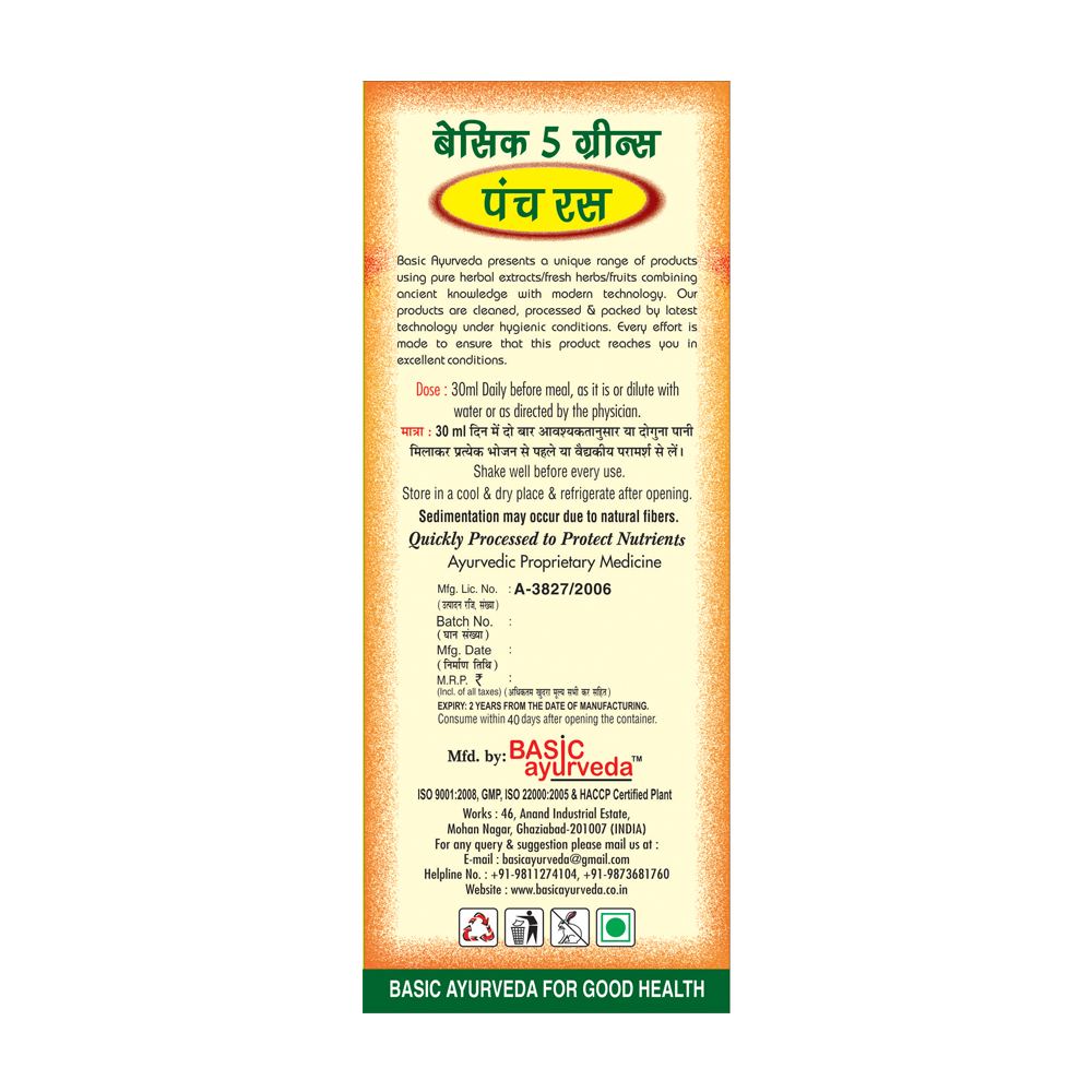 Basic Ayurveda 5 Green Panch Ras Juice 500ml | With Tulsi, Neem, Giloy, Wheatgrass & Aloe Vera | Daily Herbal Wellness