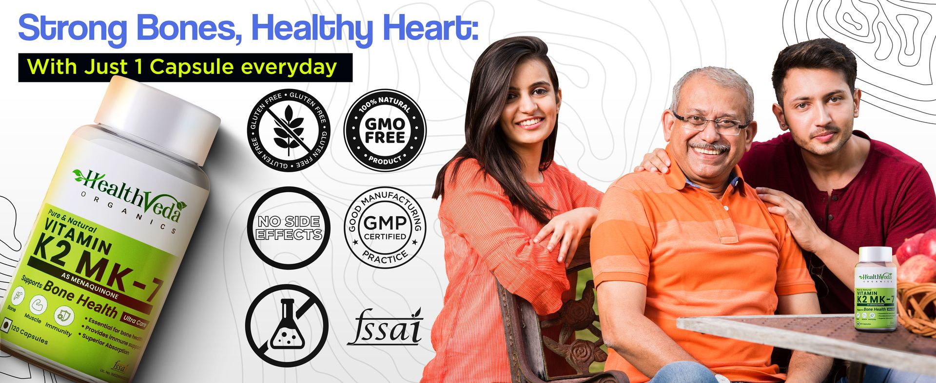 Health Veda Organics Vitamin K2 55 mcg Supplement for the Bone Health Support for Both Men and Women | 120 Vegan Capsules Pack