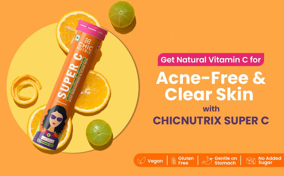 Chicnutrix Super C - Natural Vitamin C & Zinc for Clear & Acne Free Skin | 1000mg Amla Extracts|For Women & All skin types| Orange Flavour | 60 Effervescent Tablets