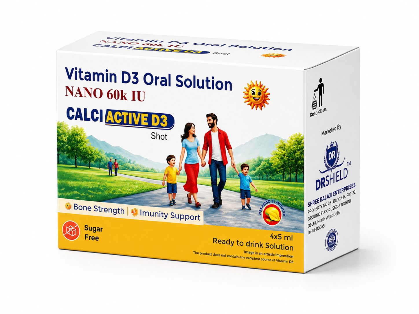DR SHIELD"S Vitamin D3 60K Shots Pack of 2 Box Total 8 Bottles of 5ml, 60,000 IU, Liquid Supplement CALCI ACTIVE D3 SHOT BY SHREE BALA JI ENETRPRISES