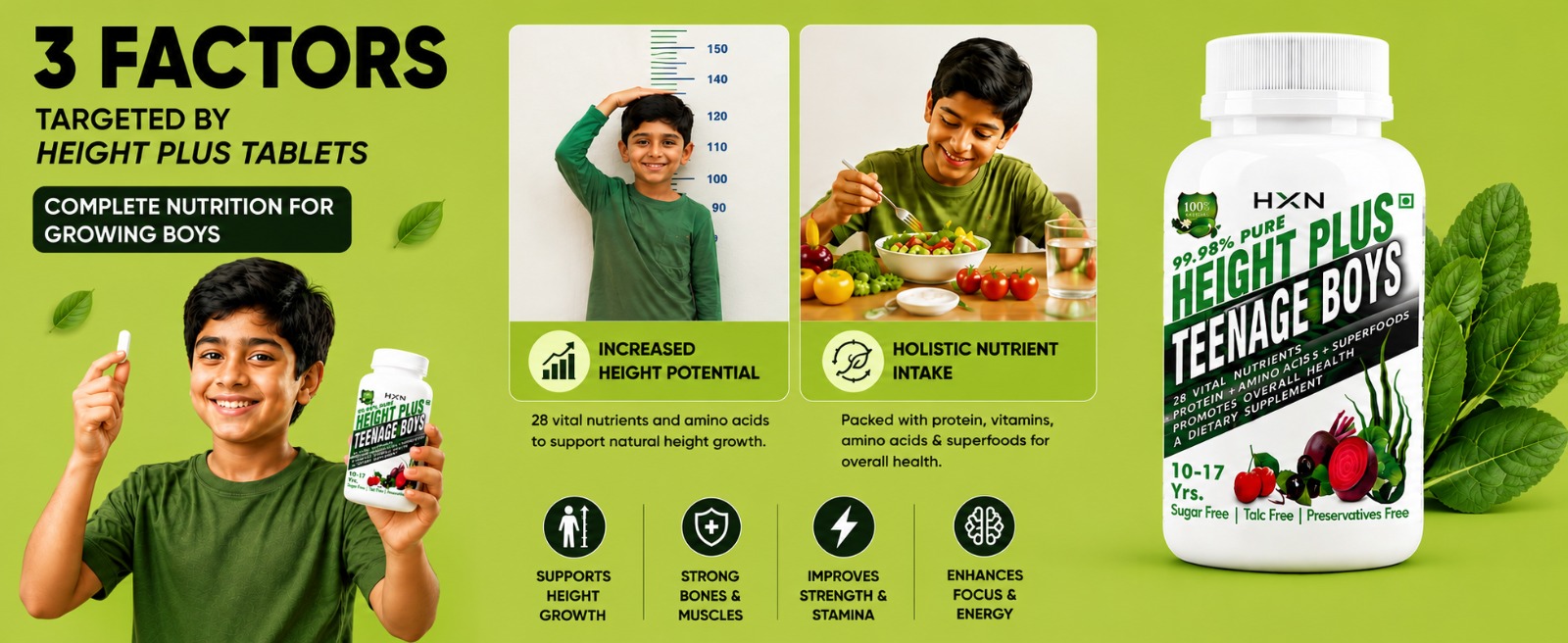 HXN Height Support Supplement for boys with 28 Vitamin Minerals to help Increase Growth –60 Tablets