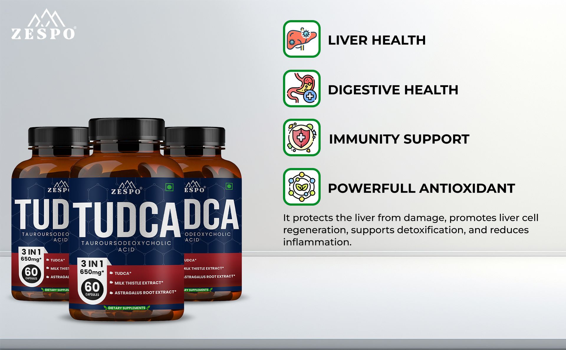 Zespo TUDCA 400mg Supplement with Milk Thistle & Astragalus, 60 Capsules