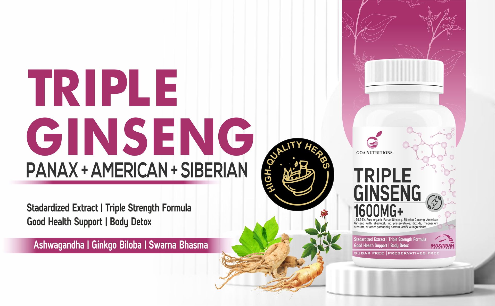 Goa Nutritions Red Korean Panax Ginseng (99% Ginseng) Triple Blend Powder with Panax, American, Siberian Root Extract, Ashwagandha & Ginkgo Biloba Supplements Natural Multivitamin for Men 60 Tablets