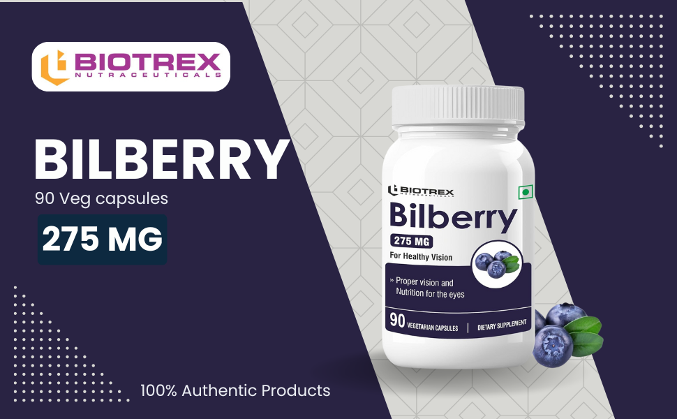 Biotrex Nutraceuticals Bilberry Extract 275mg (Anthocyanidins) Healthy Vision, Antioxidant & Eye Health Supplement, 90 Veg Capsules