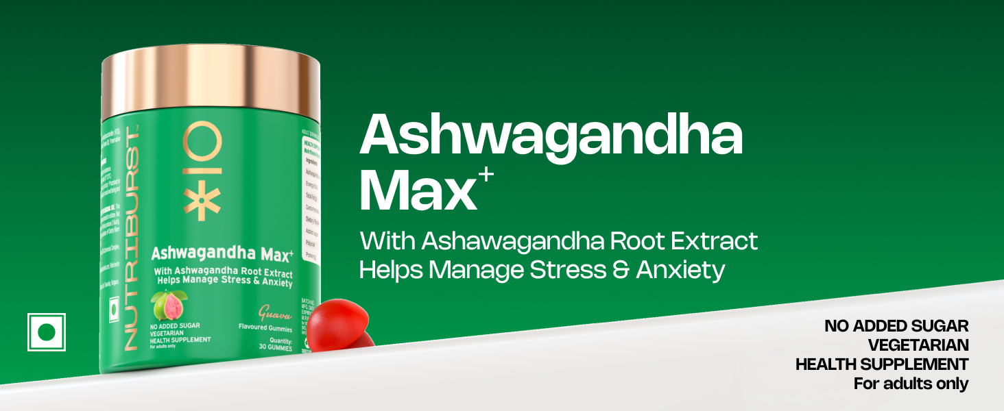 Nutriburst Ashwagandha Max 500mg Gummies for Stress and Anxiety Relief | Vigour, Energy, Power & Stamina | Relax Refresh Mind & Body | Guava Flavor Gummies, No added sugar| 30 Gummy