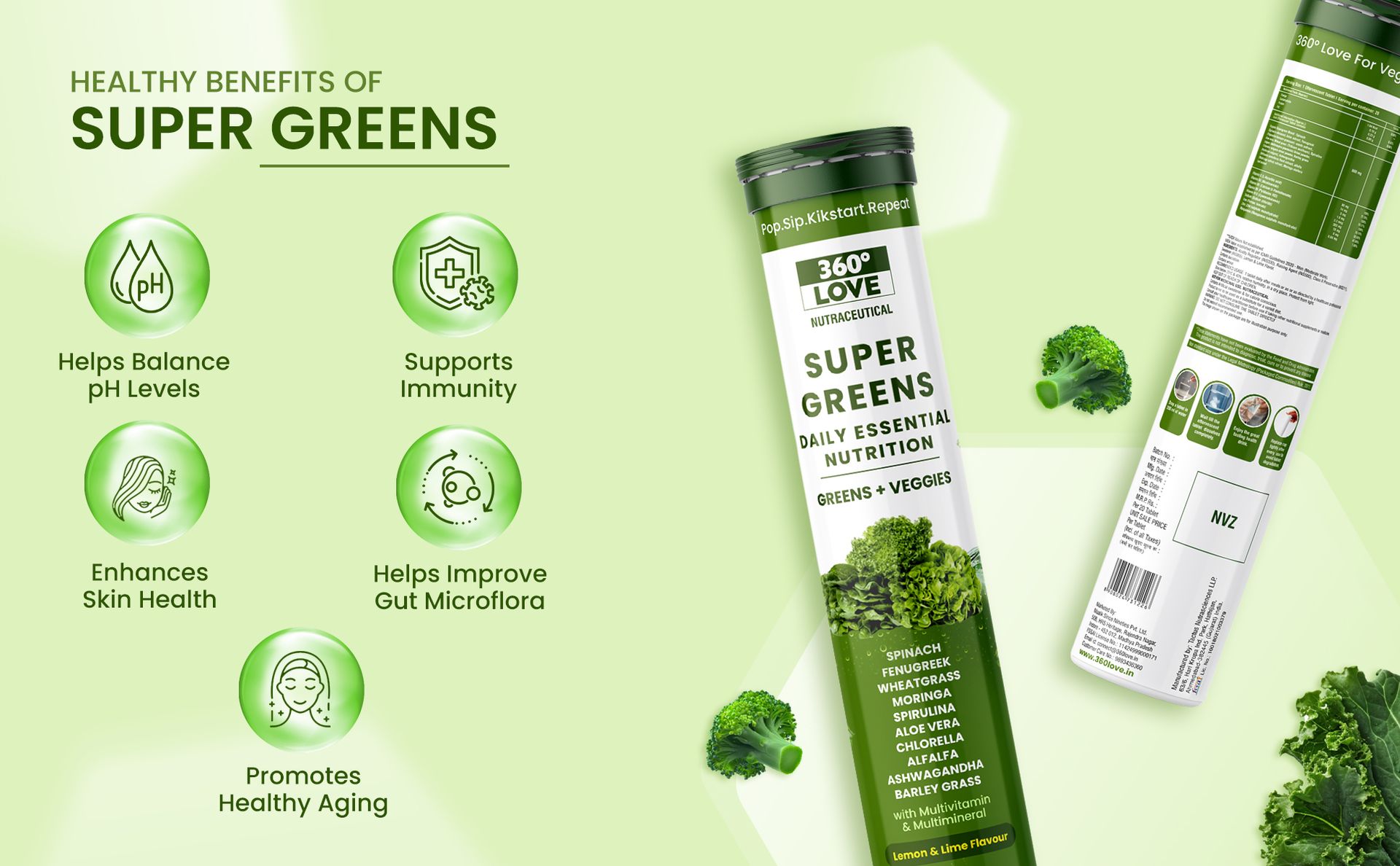Super Greens Effervescent Tablets | Daily Nutrition with Greens & Veggies | Wheatgrass, Moringa, Ashwagandha & Aloe Vera Blend | Multivitamin Support | Lemon Lime Flavour | 20 Tablets