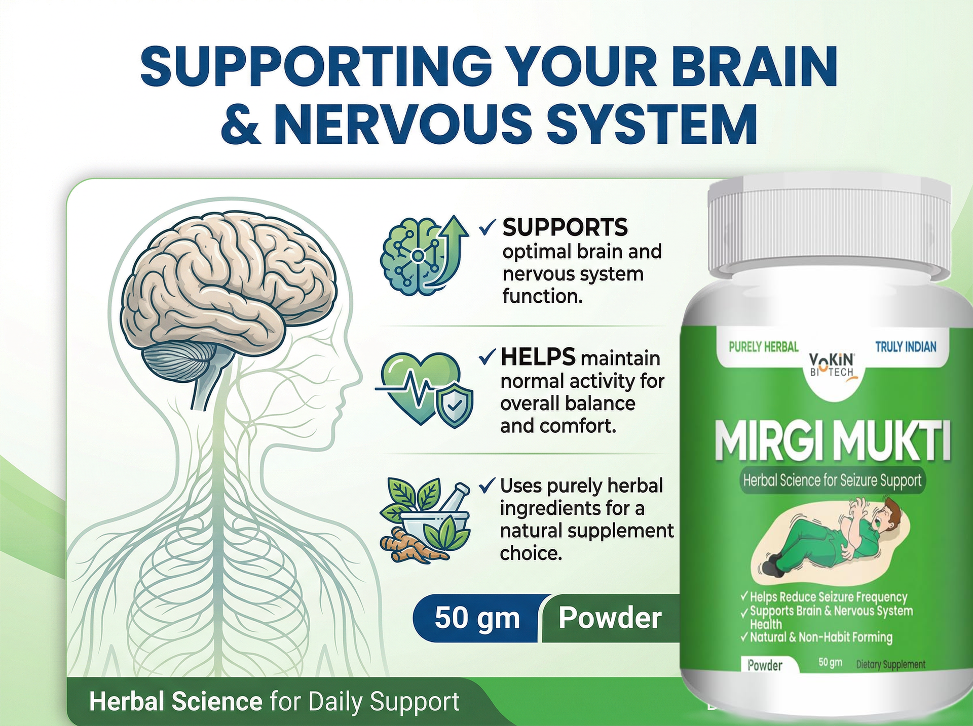 Vokin Biotech Mirgi Mukti Herbal Powder 50 gm | Brain & Nervous System Support Supplement | Purely Herbal Formula | Non-Habit Forming | Powder Form