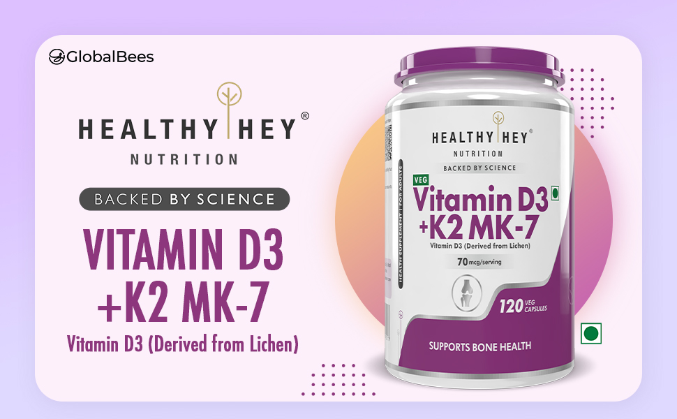 HealthyHey Nutrition Vitamin D3 + K2 MK-7 Supplement Capsules | D3 Derived from Lichen | Vitamin D3 + Vitamin K2 Mk7 Capsule | 120 Veg. Capsules