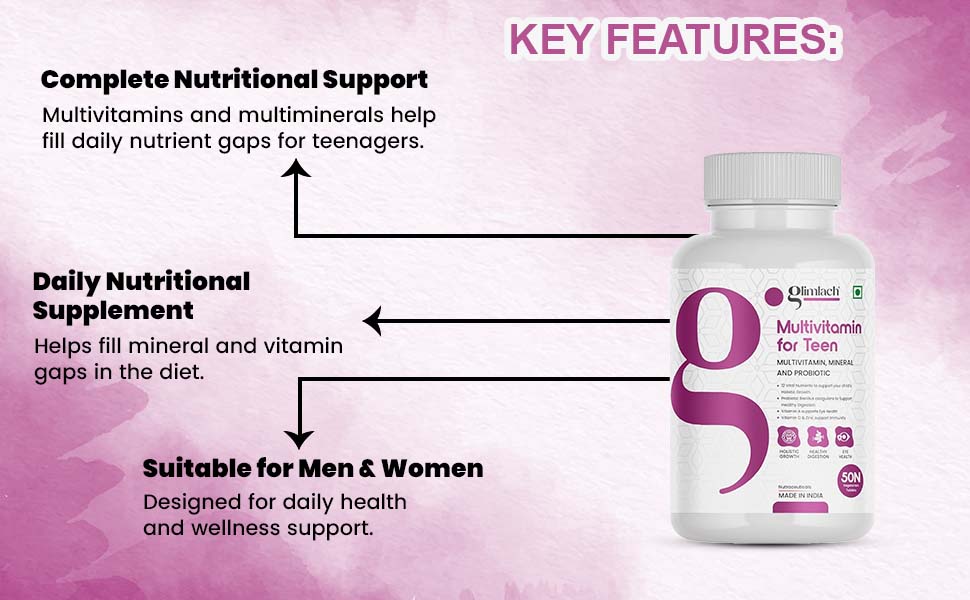 GLIMLACH Multivitamins For Teenagers, 50 Multivitamin Tablets, with Zinc, Vitamin C, Vitamin D3, Multiminerals and Enhances Energy, Stamina & Immunity