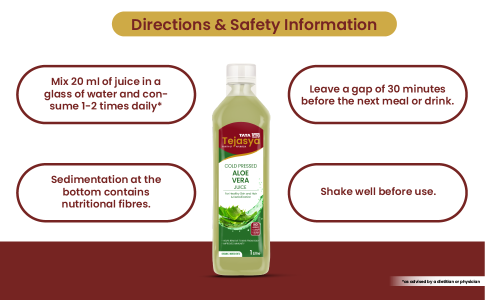Tata 1mg Tejasya Aloevera Juice Hydrates Skin, Maintains Blood Sugar Levels, Promotes Digestion (Pack of 1)