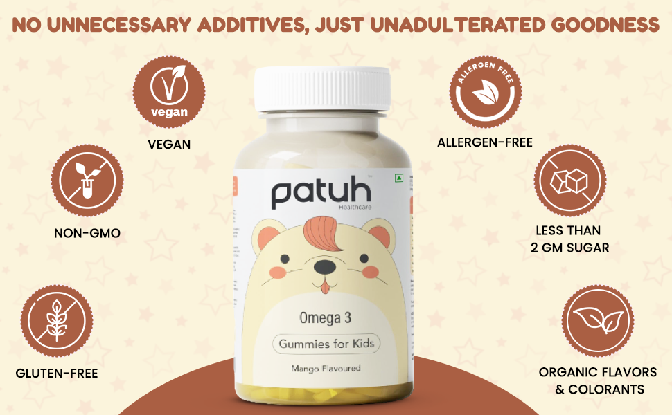 Junior Omega 3 Kids Gummies (4+ Years), Supports Brain Development, Memory, Focus & Immunity, DHA Omega 3 Supplement for Kids, 100% Veg (Natural Mango Flavour, 30 Gummies)