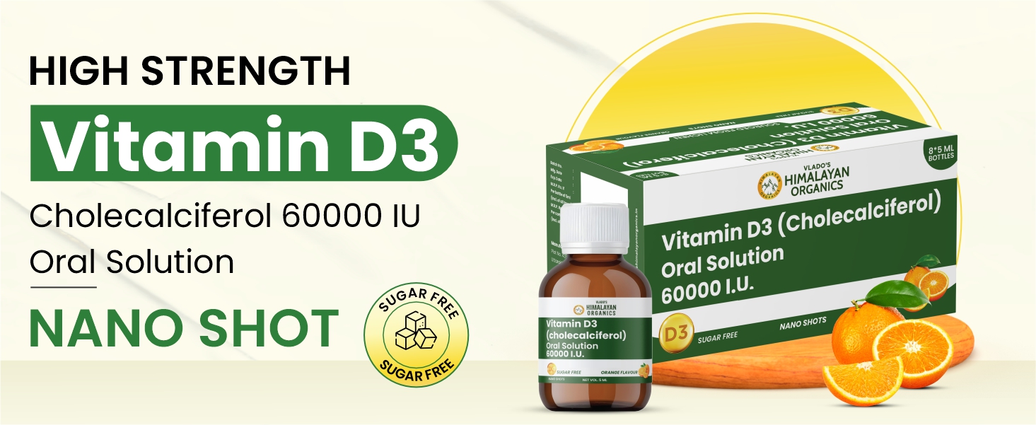 Vlado's Himalayan Organics Vitamin D3 60000 IU Shots | Cholecalciferol Vitamin D3 60000 IU Supplement I Sugar Free I Oral Solution I Vitamin D 60K for Men & Women – 5ml Each bottle - Orange Flavour - (Pack of 8)