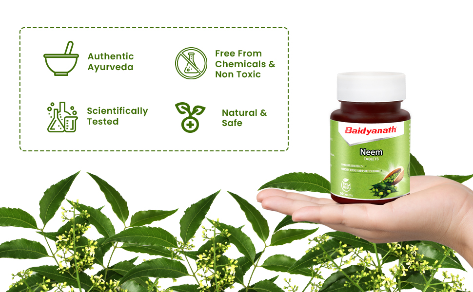 Baidyanath Ayurved Neem 60 Tablets | Ayurved Herb For healthy Skin & Hair, Natural Extracts Of Neem | Helps In Purification of Blood Boosting, Liver Health (Pack of 2)