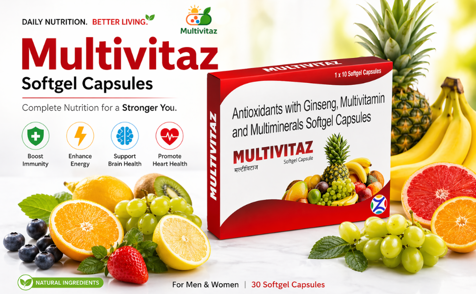 Multivitaz Softgel Capsules | For Men & Women With Essential Nutrients, Vitamins, Minerals, Anti-oxidants For Building Immunity & Energy | Multi Vitamin with Ginseng |