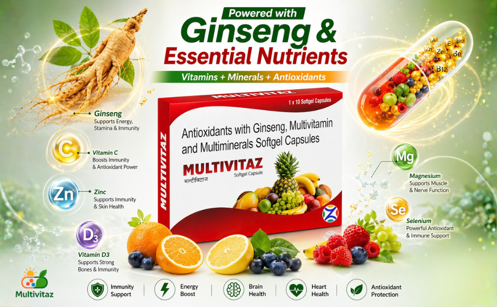 Multivitaz Softgel Capsules | For Men & Women With Essential Nutrients, Vitamins, Minerals, Anti-oxidants For Building Immunity & Energy | Multi Vitamin with Ginseng |