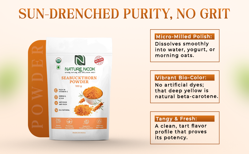 Himalayan Sea Buckthorn Powder-100gm | Anti Aging | Natural Vitamin C, Omega 3 6 7 9, Antioxidants | Super Food for Immunity, Skin Glow, Hair & Gut Health Support | USDA ORGANIC