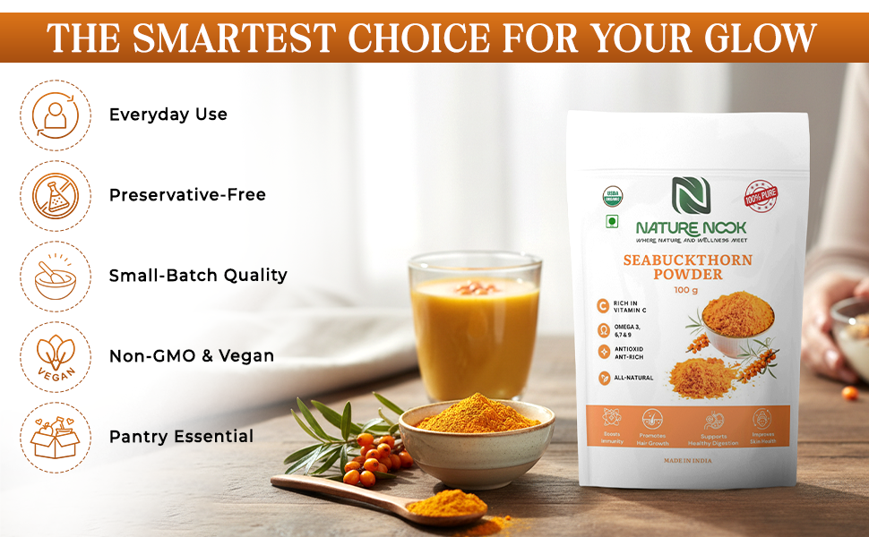 Himalayan Sea Buckthorn Powder-100gm | Anti Aging | Natural Vitamin C, Omega 3 6 7 9, Antioxidants | Super Food for Immunity, Skin Glow, Hair & Gut Health Support | USDA ORGANIC