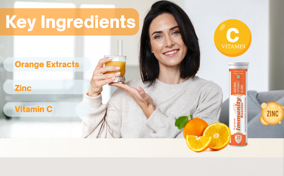 Trycone Natural Vitamin C From Amla Extract & Zinc -60 Effervescent Tablets – Antioxidant – Immunity Booster – Skin Care - Orange Flavour- Immunity Booster For Adults