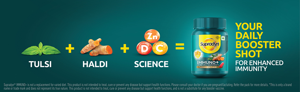 Supradyn Immuno +, Multivitamin, Natural immunity booster with Vit C, Vit D, Zinc, Unique blend of Tulsi, Turmeric, Shatavari & Ashoka (60 Tabs)