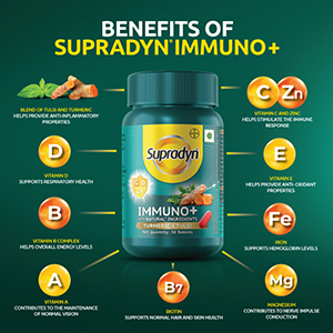 Supradyn Immuno +, Multivitamin, Natural immunity booster with Vit C, Vit D, Zinc, Unique blend of Tulsi, Turmeric, Shatavari & Ashoka (60 Tabs)